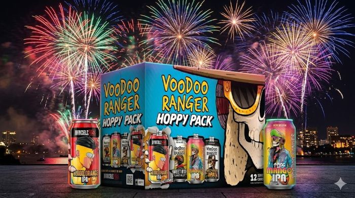 A 12-pack box of Voodoo Ranger Hoppy Pack beer sits between two open beer cans against a night sky backdrop filled with colorful exploding fireworks over a city waterfront.