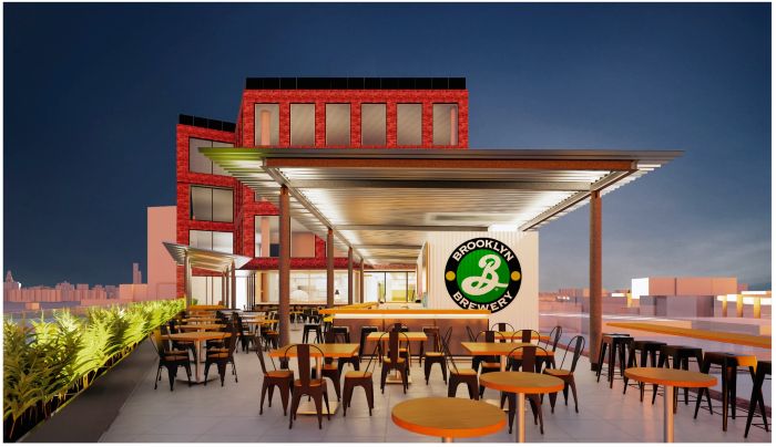 A digital rendering of a modern rooftop bar at the Brooklyn Brewery, featuring tables, chairs, and a covered bar area under a night sky.