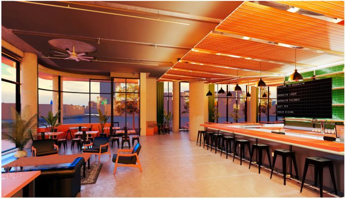 A digital rendering of Brooklyn Brewey’s spacious, modern bar with a warm orange and amber glow, featuring a long counter with black stools, various seating areas, and large windows overlooking a city skyline at dusk.counter with black stools, various seating areas, and large windows overlooking a city skyline at dusk.
