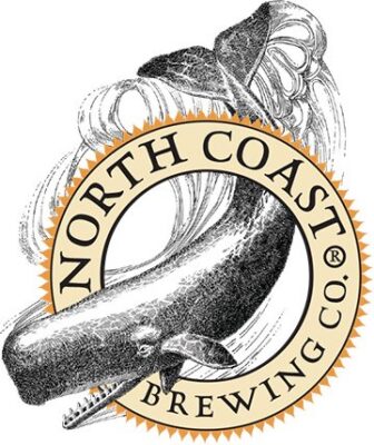 A circular logo for North Coast Brewing Co. featuring a detailed, black-and-white illustration of a breaching whale.