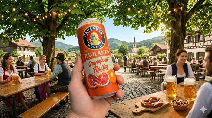 A hand holding a can of Paulaner Grapefruit Radler in the foreground of a bustling, sunlit outdoor German beer garden with people sitting at long wooden tables.