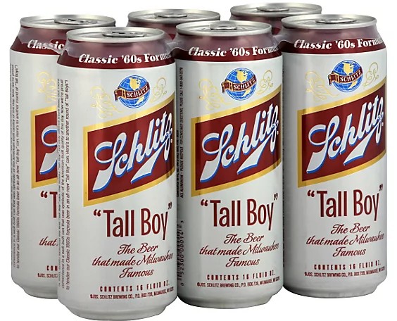 A six-pack of Schlitz "Tall Boy" beer cans featuring the "Classic '60s Formula."