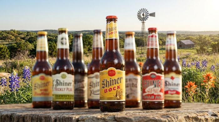 A front-facing Shiner Bock beer bottle stands centered and in focus against a blurred backdrop of other Shiner varieties and a Texas landscape with a windmill and bluebonnets.