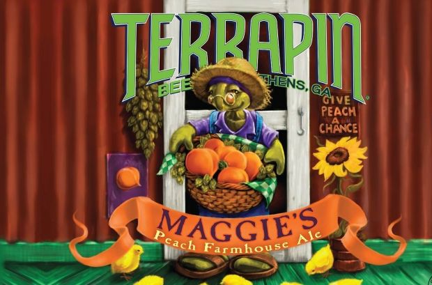 Beer label for Terrapin Beer Co.'s "Maggie's Peach Farmhouse Ale," featuring an illustrated turtle wearing a straw hat and holding a basket full of peaches.