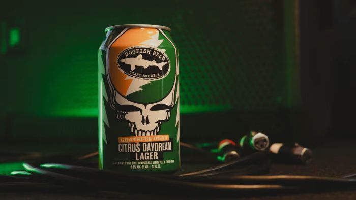 A green and orange can of Dogfish Head Citrus Daydream Lager, featuring the Grateful Dead "Steal Your Face" skull logo, sits on a dark surface among tangled black cables.