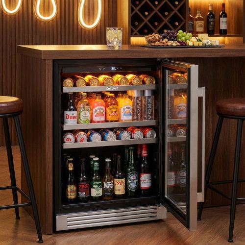 Undercounter beverage coolers filled with chilled drinks arranged for a World Cup viewing party.
