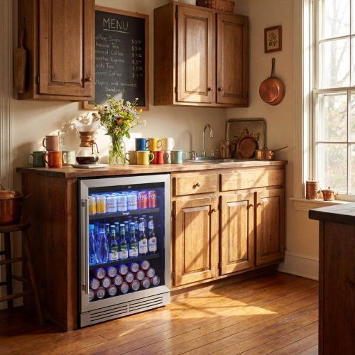 Undercounter beverage coolers stocked with drinks for a World Cup party setup.