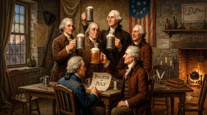 American Founding Fathers, including George Washington and Benjamin Franklin, raising beer mugs in a rustic tavern to celebrate the Fourth of July.