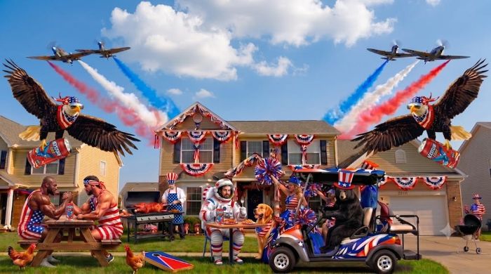 A highly exaggerated, patriotic backyard celebration featuring an astronaut eating at a table, a bear driving a golf cart, muscular men arm wrestling, giant eagles carrying beer cans, and fighter jets leaving red, white, and blue smoke trails overhead.