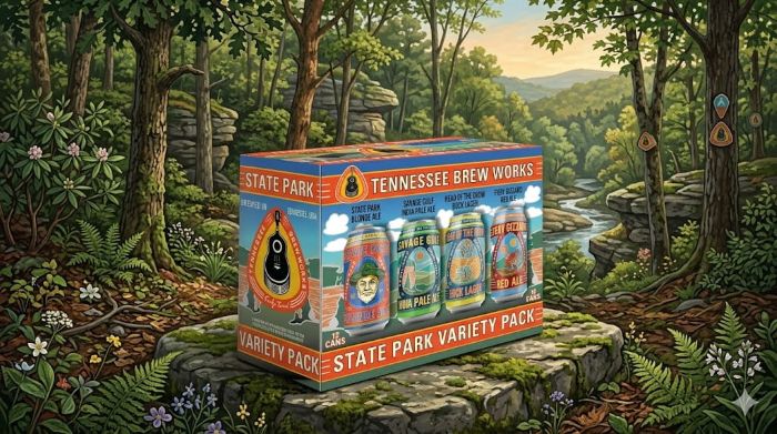 An illustrated box of Tennessee Brew Works "State Park Variety Pack" beer sits on a mossy stone in a lush forest landscape with a river and mountains in the background.