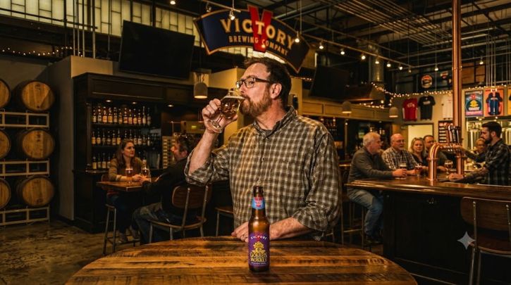 Victory Brewing’s Bill Corvaleski drinks a beer at a round wooden table in a dimly lit Victory Brewing Company taproom.