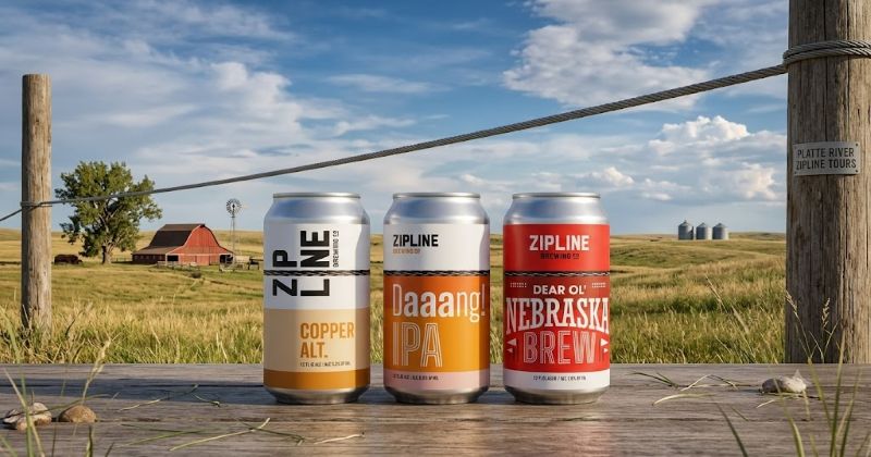You said: concise alt text for image:Three cans of Zipline Brewing Co. beer sit on a wooden surface against a rural backdrop featuring a barn, field, and cloudy blue sky.