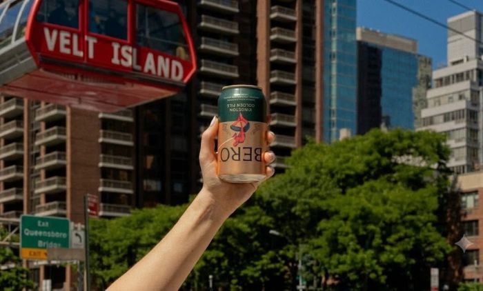An arm holds an upside-down Spiderman can of Bero non-alcoholic beer in front of the Roosevelt Island Tramway in New York City.