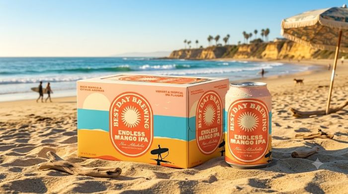 A cardboard box and a single can of Best Day Brewing Endless Mango IPA non-alcoholic beer sitting on a sunny sandy beach, with ocean waves, distant cliffs, and people walking in the background.