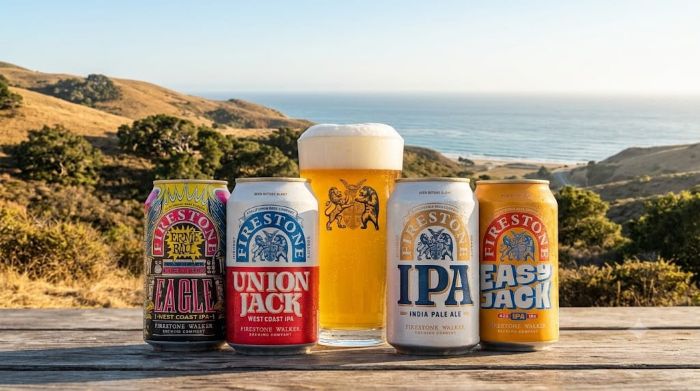 A row of Firestone Walker beers, including Union Jack and Easy Jack, sits on a wooden table next to a full glass, with coastal hills and the ocean blurring in the background.
