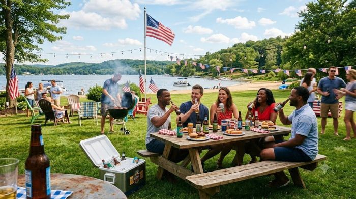 A group of friends enjoying beer at a picnic table by a lake during a 4th of July barbecue celebration.