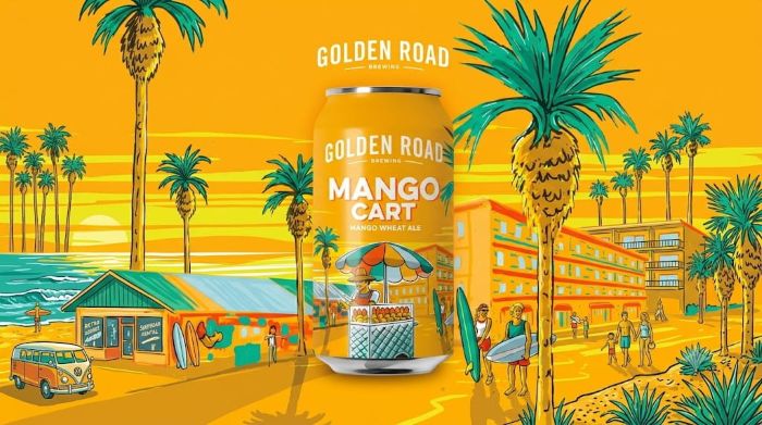 A vibrant orange image for Golden Road Brewing's Mango Cart Mango Wheat Ale, featuring a central beer can set against a sunny, beachside resort landscape filled with palm trees, surfers, a vintage VW van, and a traditional fruit cart.