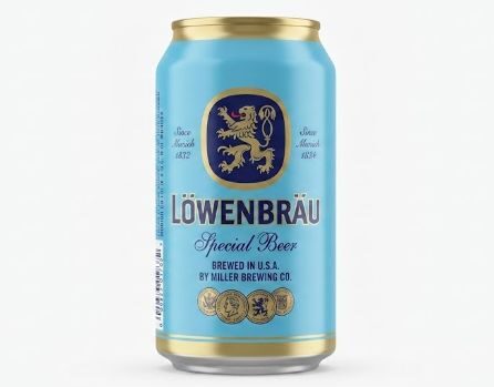 A single light blue aluminum can of Löwenbräu Special Beer with gold trim, featuring a dark blue lion crest logo and text indicating it was brewed in the U.S.A. by Miller Brewing Co., isolated on a white background.