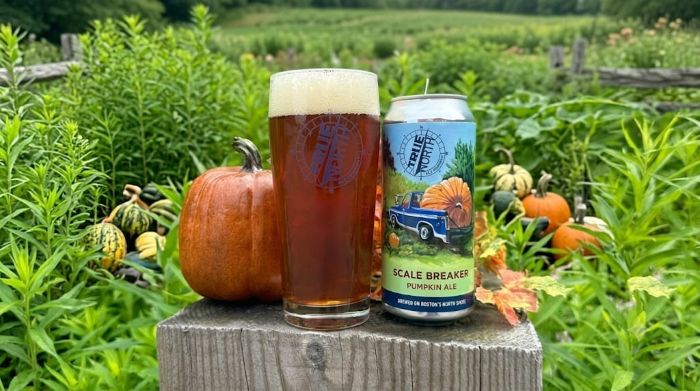 A can and a pint glass of "Scale Breaker Pumpkin Ale" by True North Ale Company, arranged outdoors with pumpkins and gourds.