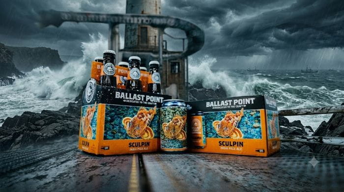 A six-pack of bottles, a can, and a cardboard case of Ballast Point Sculpin India Pale Ale are displayed on a wet surface against a dramatic background of a stormy ocean with crashing waves and a lighthouse.