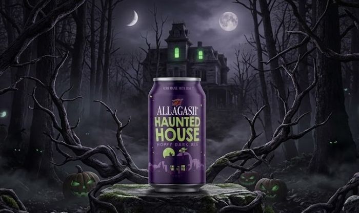 A purple beverage can labeled "Allagash Haunted House Hoppy Dark Ale" sits centered in a spooky Halloween landscape.