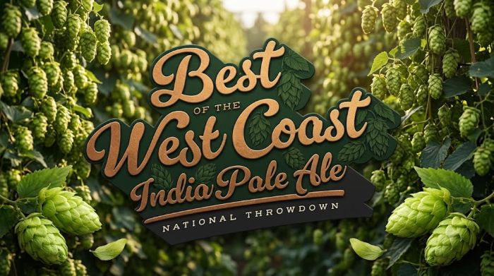A central graphic reading "Best of the West Coast India Pale Ale National Throwdown" framed by lush green hop cones growing on vines.