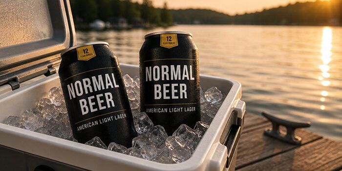 Two matte black cans of Normal Beer American Light Lager chilling in a white cooler filled with ice on a wooden dock at sunset, with a lake and forested shoreline in the soft-focus background.