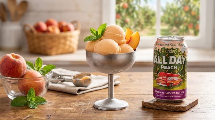 A can of Founders All Day Peach IPA sits next to a metal chalice filled with scoops of peach sorbet garnished with fresh mint on a wooden table.