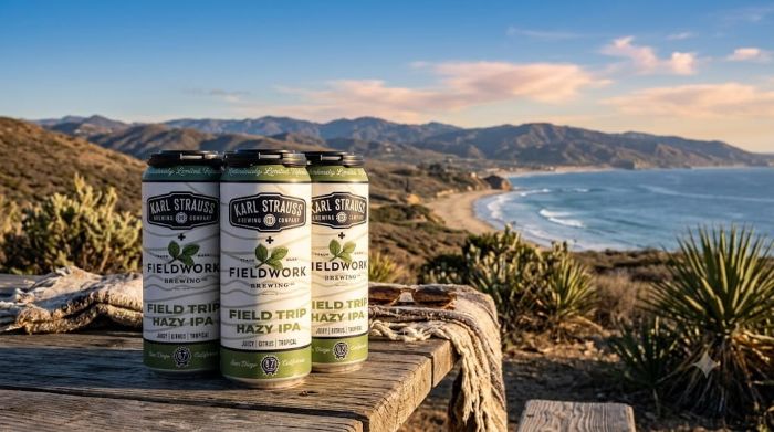 Three cans of Karl Strauss and Fieldwork Brewing collaboration "Field Trip Hazy IPA" stand on a rustic wooden picnic table overlooking a sunny coastal landscape with mountains and ocean waves.