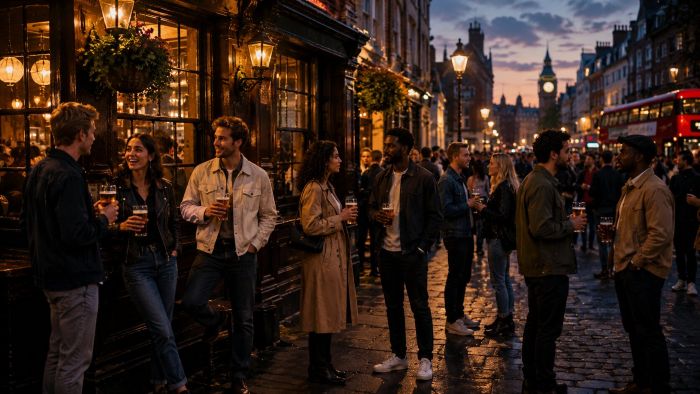 A group of people chat and drink beer outside a traditional London pub at dusk, with a cobblestone street, streetlamps, a red double-decker bus, and the Big Ben clock tower visible in the background.