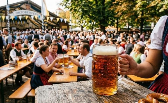 A large glass dimpled mug filled with amber Märzen lager sitting on a wooden table, with a festive outdoor Oktoberfest crowd wearing traditional Bavarian attire in the background.