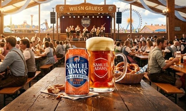 A can and filled beer mug of Samuel Adams Non-Alcoholic Octoberfest beer on a wooden table inside a crowded Oktoberfest tent, with a live brass band playing on a stage in the background.