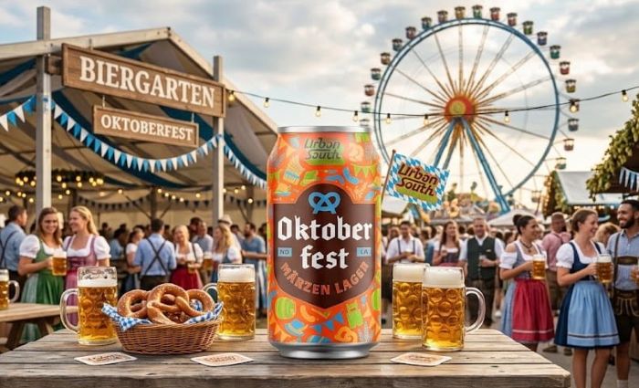 A vibrant Oktoberfest festival scene features a large, colorful Urban South Oktoberfest Märzen Lager beer can standing prominently on a rustic wooden table.