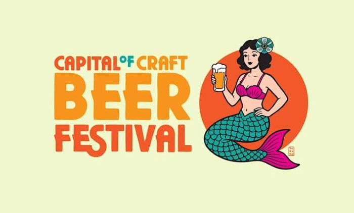 An illustrated logo for the "Capital of Craft Beer Festival" featuring a pin-up style mermaid holding a glass of beer against an orange circular background.