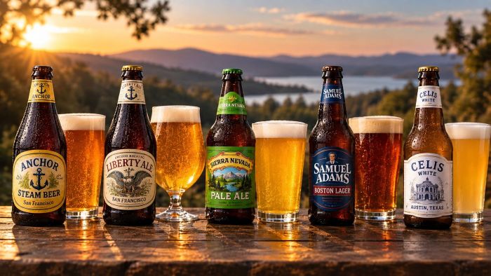Anchor Steam, Liberty Ale, Sierra Nevada Pale Ale, Samuel Adams Boston Lager and Celis White against a scenic outdoor backdrop.