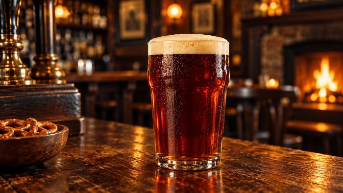 Pint of brown ale on a wooden bar in a warmly lit traditional English pub.