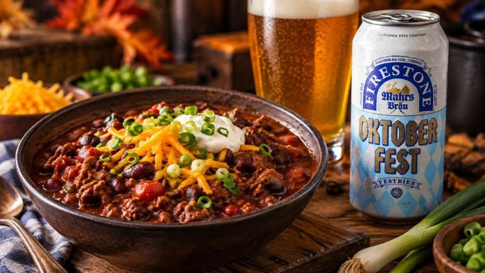 Firestone Walker Festbier chili with Oktoberfest beer and a cold glass of lager.