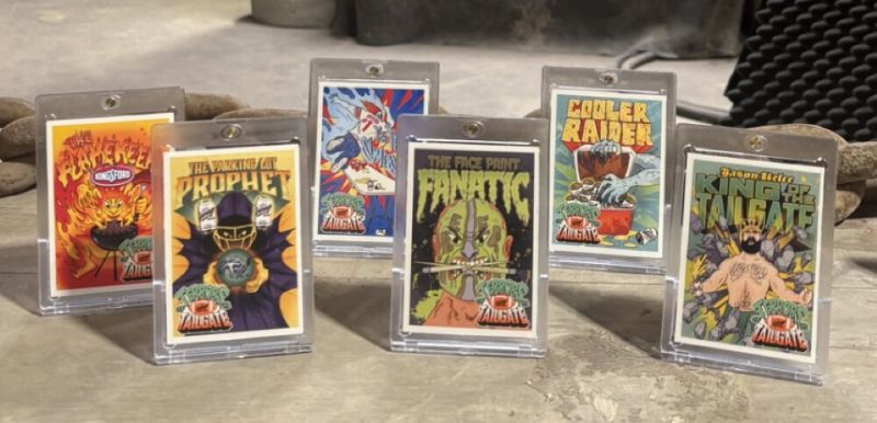 Garage Beer “Terrors of the Tailgate” collectible trading cards featuring Jason Kelce and other football tailgate characters.