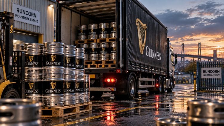 A Guinness delivery truck, loaded with pallets of beer kegs at sunset outside the Runcorn Industrial Estate.