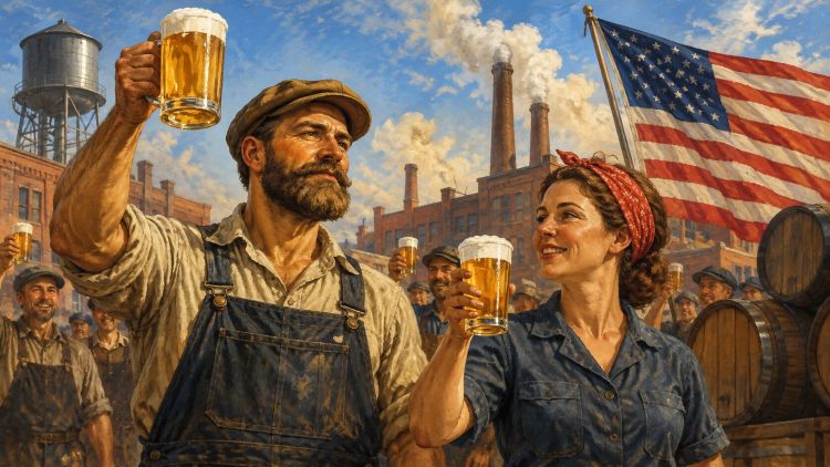 Brewery workers raising beers in a historic Labor Day scene with an American flag and brewery in the background.