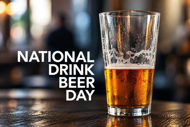 Partially empty glass of beer on a bar with National Drink Beer Day text.