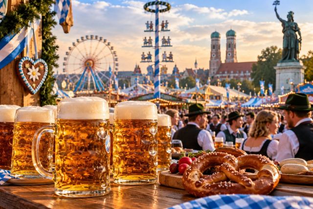 Oktoberfest beers and pretzels overlooking Munich’s bustling festival grounds.