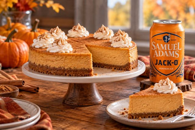 Samuel Adams Jack-O Pumpkin Ale beside a homemade pumpkin cheesecake with whipped cream, cinnamon and autumn pumpkins.