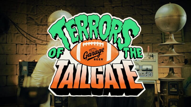 Garage Beer Terrors of the Tailgate logo featuring a football against a retro horror-themed backdrop.