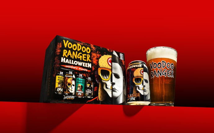 Voodoo Ranger Halloween Hoppy Pack with Slasher IPA and a glass of beer against crimson red background.