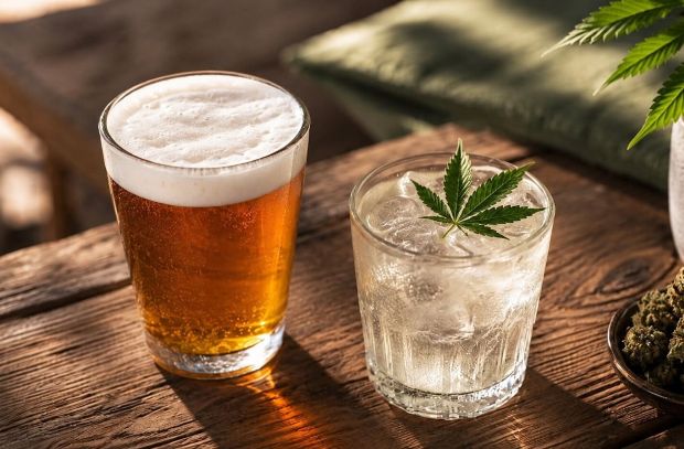 Beer and cannabis beverage served side by side with cannabis leaves on a wooden table.