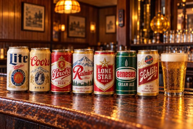 Vintage cans of Miller Lite, Coors, Stroh’s, Rainier, Lone Star, Genesee Cream Ale and Schlitz beside a glass of beer on a wooden bar.