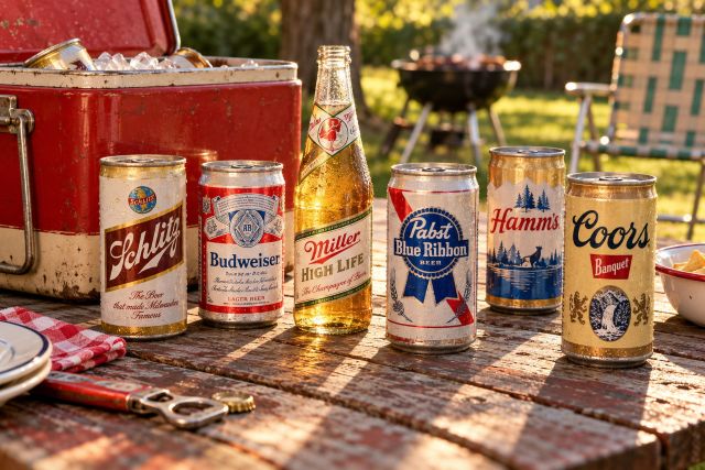Vintage Schlitz, Budweiser, Miller High Life, Pabst Blue Ribbon, Hamm’s and Coors Banquet beers on a picnic table beside a red cooler at a ’60s-style backyard cookout