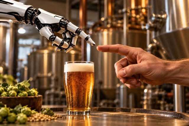 Robot hand and human hand reaching toward each other over a glass of beer inside a brewery.
