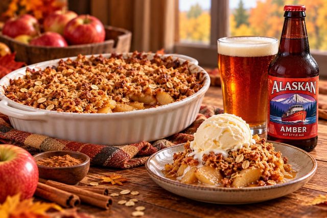Alaskan Amber Apple Crisp with vanilla ice cream, fresh apples and a bottle and glass of Alaskan Amber Ale.